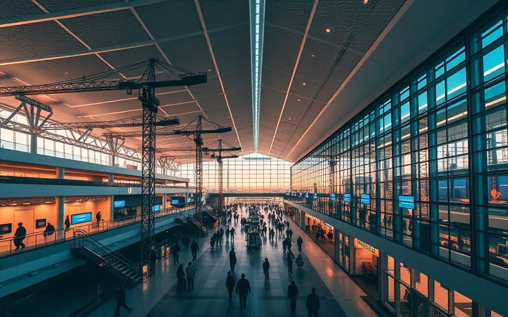 Modern airport terminal expansion with construction cranes