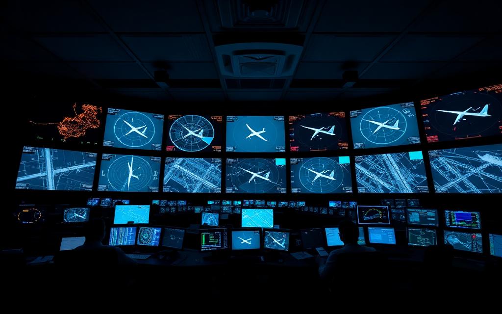 Air traffic control operations center with radar screens
