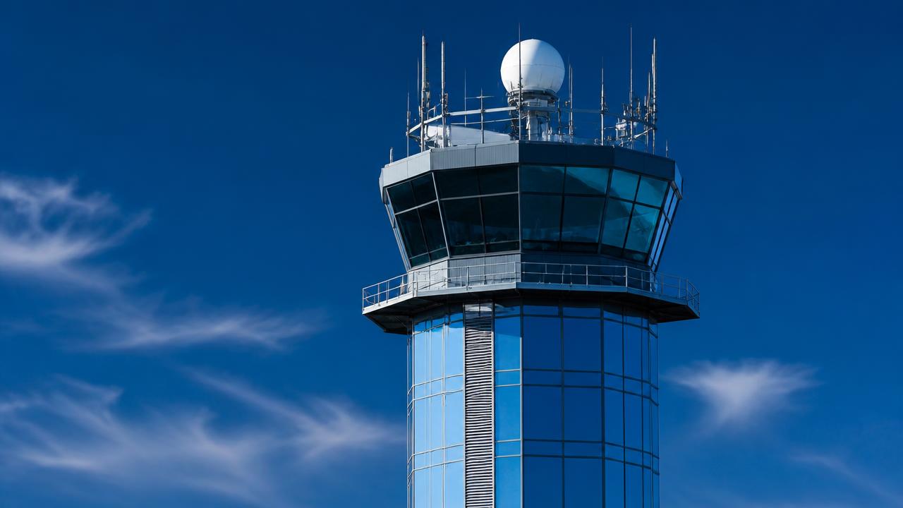 Air traffic control tower against a deep blue sky